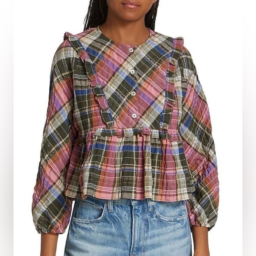 Veronica Beard Katalina Plaid Ruffle Peplum Top Olive Pink Sz 2 NWT